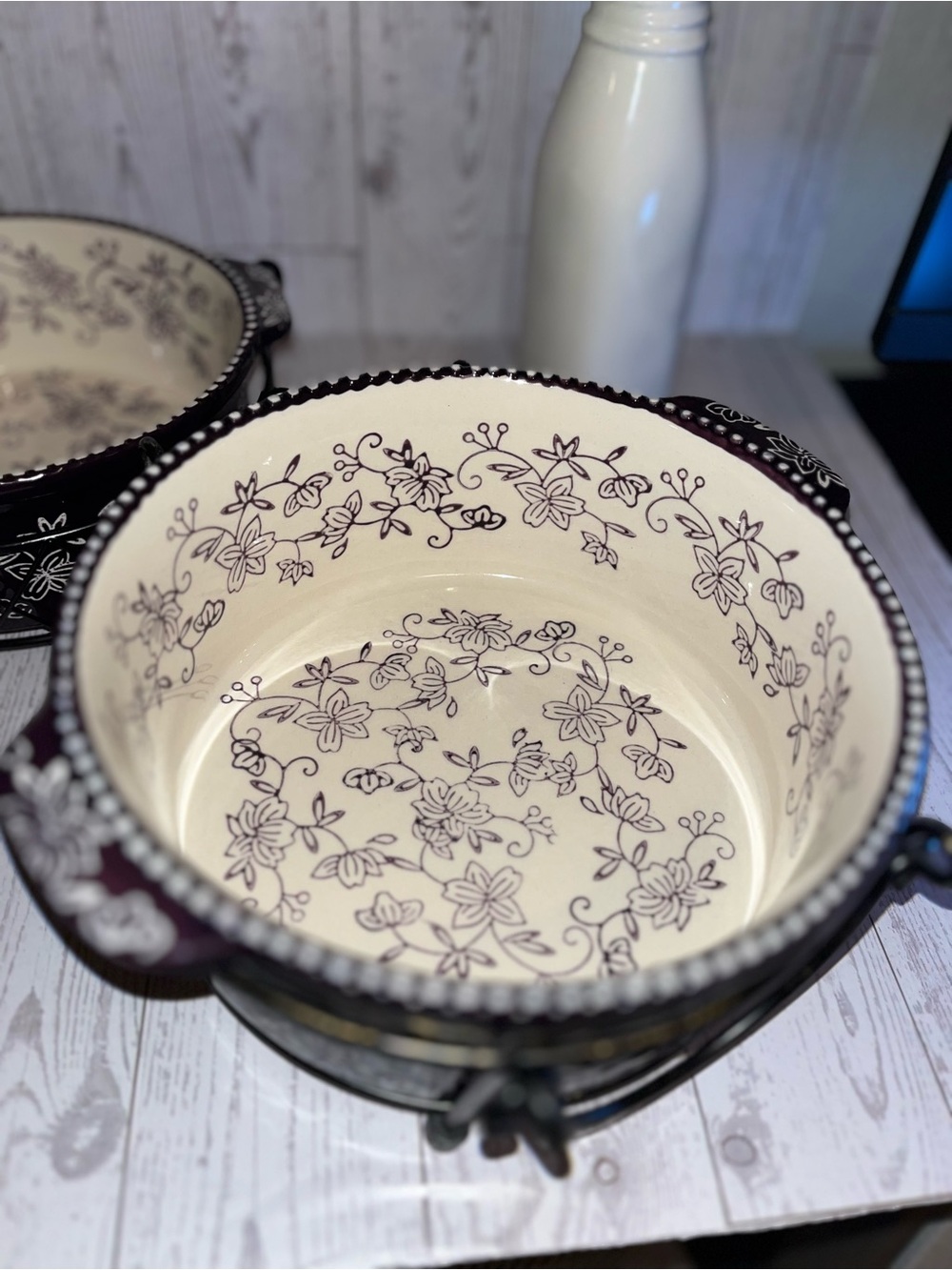 Temptations Purple and Cream Floral Ceramic Bowl with Black Metal Stand - Picture 2 of 10